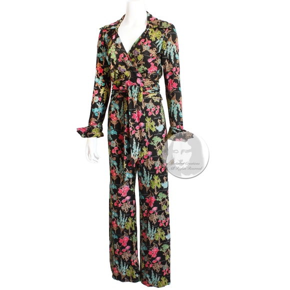 Diane Von Furstenberg Wrap Blouse & Pants 2pc Set Black Floral Print Vintage HTF - Picture 7 of 9